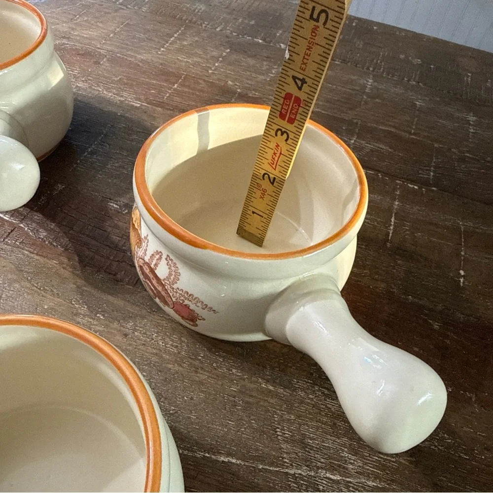 Cream Ceramic Handled Soup Bowls with Orange Trim and Mushroom Design - Set of 4